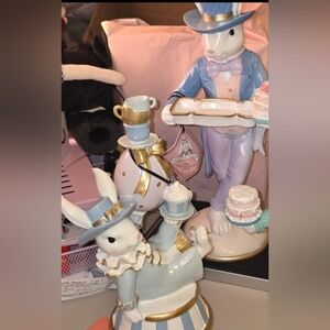 Charming Rabbit Figurine Duo- Pastel Blue, White, Gold